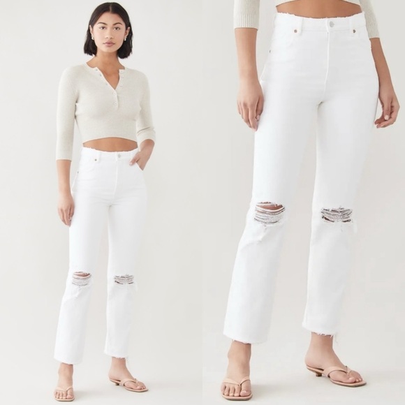 NWT Rollas Original High Rise Straight Jean 28 Layla White Distressed Knee Rip - Picture 1 of 12
